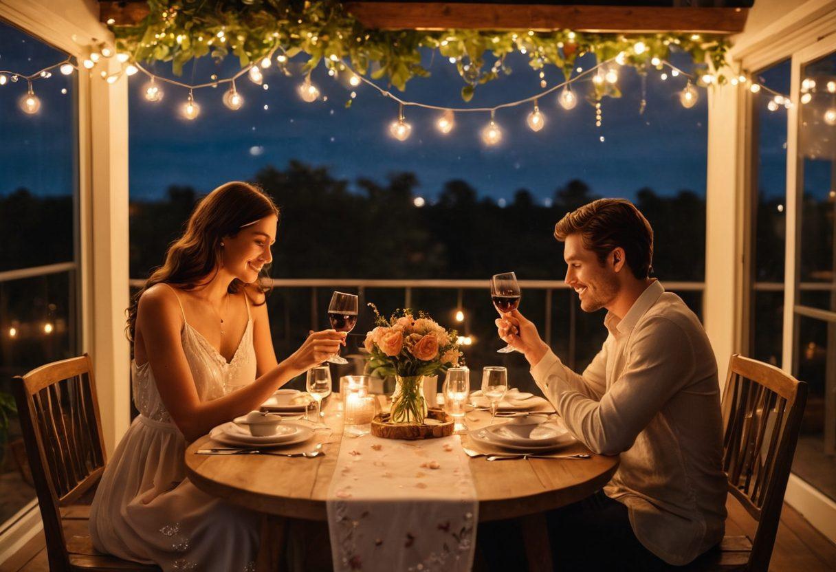 A cozy setting with a couple sharing a romantic candlelit dinner under a starlit sky, surrounded by soft glowing lights and delicate floral decorations. Include elements like plates with heart-shaped dishes, a bottle of wine, and handwritten love notes scattered on the table. Convey warmth, intimacy, and romance. super-realistic. warm colors. soft focus.