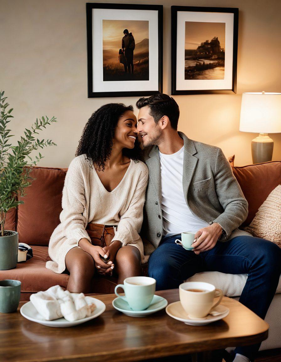 A warm and inviting scene of a couple sitting on a cozy couch, engaged in a heartfelt conversation, surrounded by soft lighting and personal mementos that symbolize their journey together. Include subtle elements like a steaming cup of tea and a framed photo in the background, conveying intimacy and connection. Soft pastels and earthy tones should enhance the emotional warmth of the moment. super-realistic. vibrant colors. warm lighting.