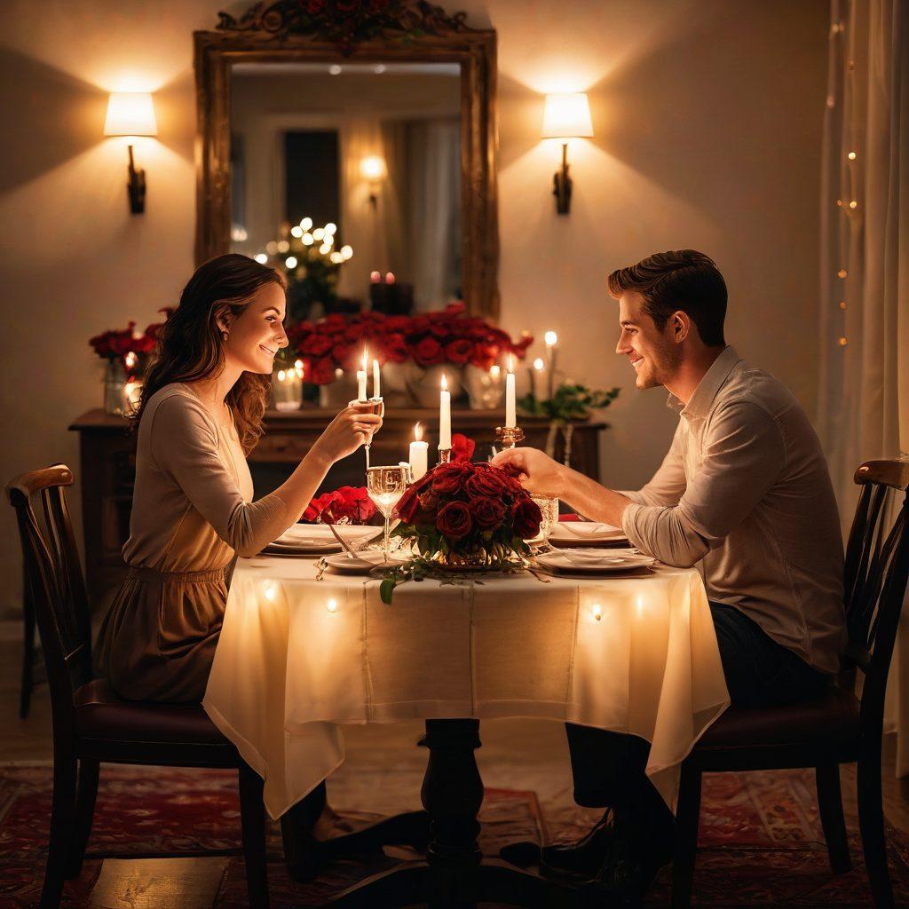 A cozy setting featuring a candlelit dinner for two, adorned with red roses and soft glowing fairy lights. In the background, a couple shares a heartfelt moment, smiling at each other while holding hands amidst a warm ambiance. The table is elegantly set with fine china and a bottle of wine, evoking a sense of romance and intimacy. super-realistic. warm colors. soft focus.